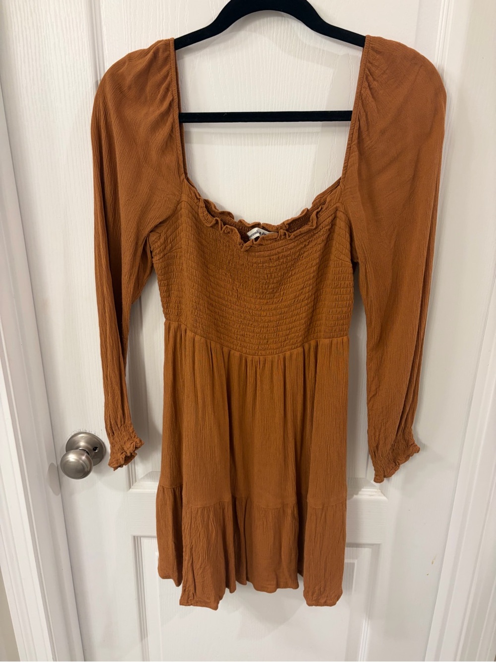 Abercrombie & Fitch Rust Long-Sleeve Smocked Mini Dress